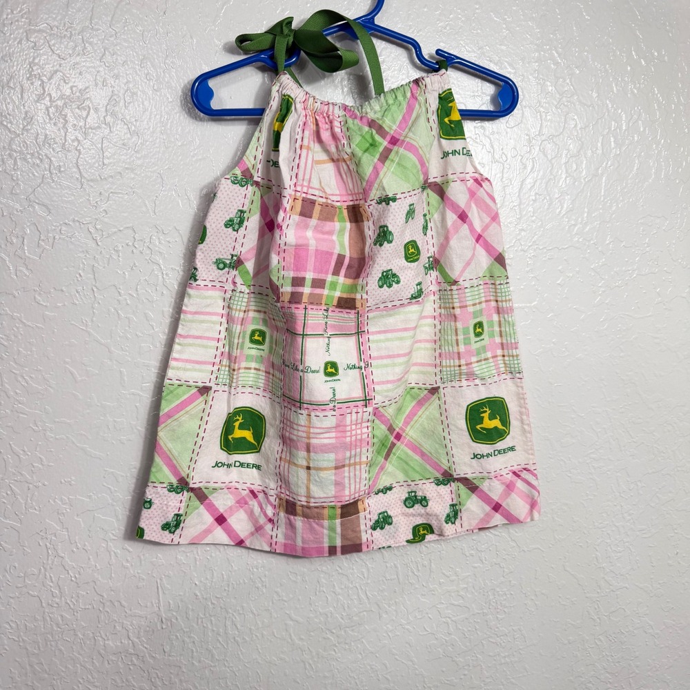 John Deere Girls Pink Green Plaid Patchwork Pillowcase Dress Ribbon Tie